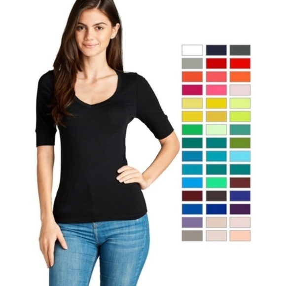 Basic Powder Pink V-Neck Elbow Sleeve Tee - Picture 2 of 2